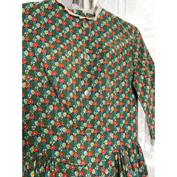 Handmade 70s Prairie Green Floral Cottagecore Farm Dress Lace Trim Button - Picture 8 of 16